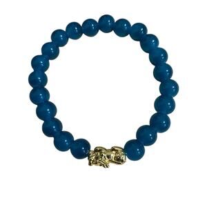 Blue Beaded Stretch Bracelet w/ Gold Pixiu Dragon Charm Feng Shui Gift